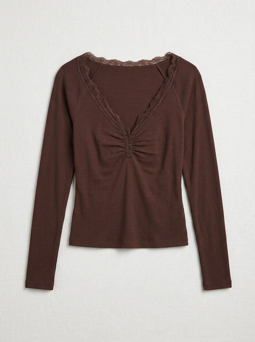 Lace Trim Ribbed Henley Top in Burgundy in Chocolate - Women's Wholesale T-Shirts & Polos | Trend Notes