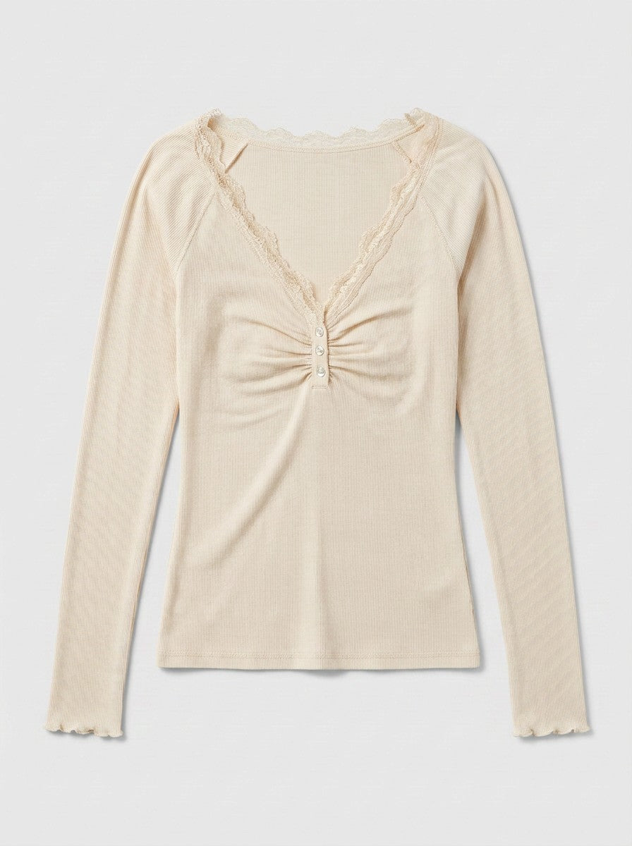 Lace Trim Ribbed Henley Top in Burgundy in Ivory - Women's Wholesale T-Shirts & Polos | Trend Notes