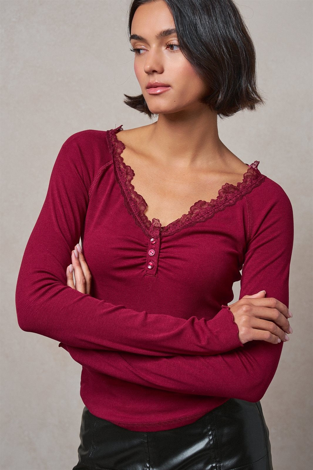 Lace Trim Ribbed Henley Top in Burgundy in Wine - Women's Wholesale T-Shirts & Polos | Trend Notes