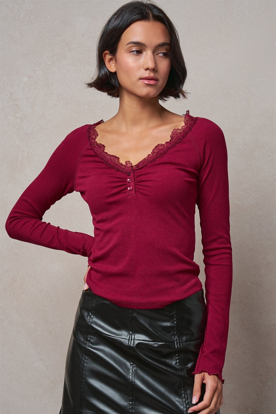 Lace Trim Ribbed Henley Top in Burgundy in Wine - Women's Wholesale T-Shirts & Polos | Trend Notes
