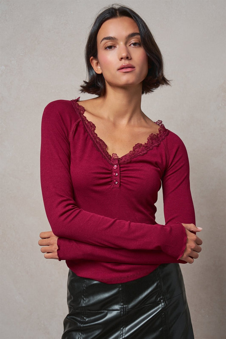 Lace Trim Ribbed Henley Top in Burgundy in Wine - Women's Wholesale T-Shirts & Polos | Trend Notes