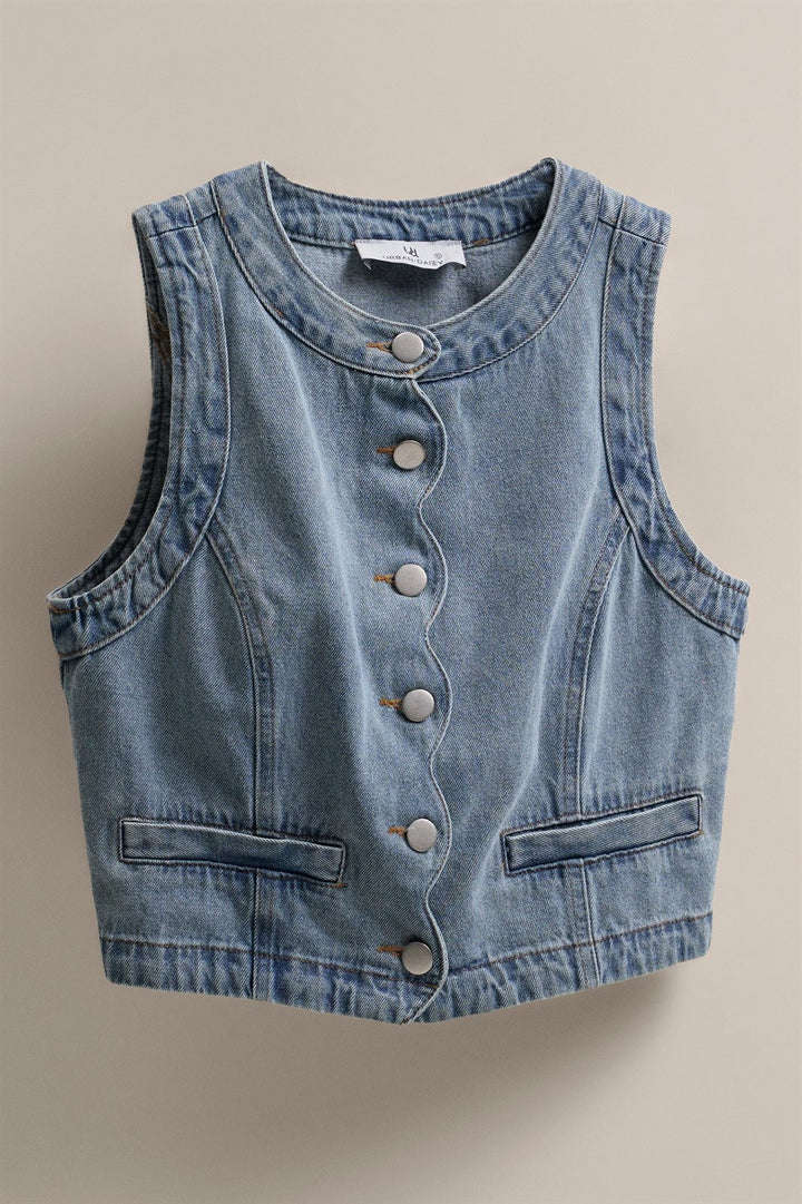 Cropped Vintage Wash Denim Vest with Scalloped Button Front in Denim - Women's Wholesale Fashion | Trend Notes