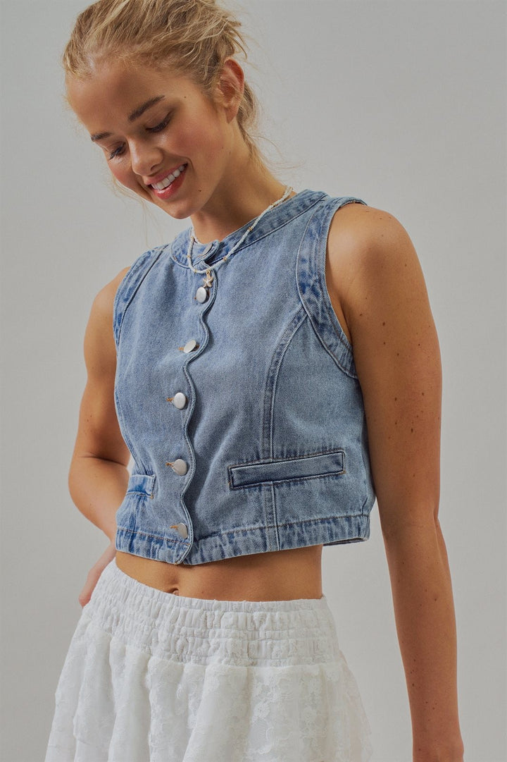 Cropped Vintage Wash Denim Vest with Scalloped Button Front in Denim - Women's Wholesale Fashion | Trend Notes