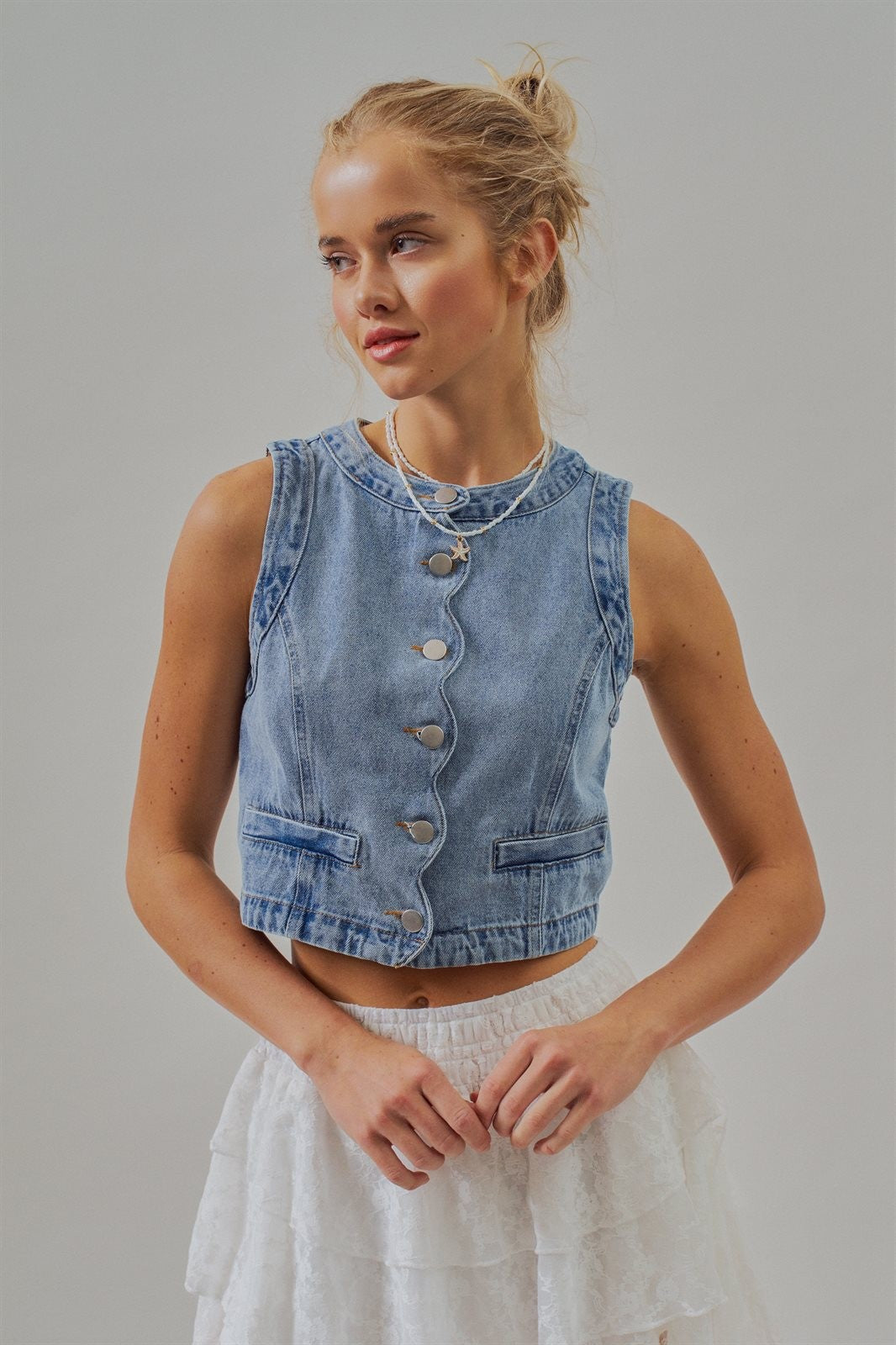 Cropped Vintage Wash Denim Vest with Scalloped Button Front in Denim - Women's Wholesale Fashion | Trend Notes