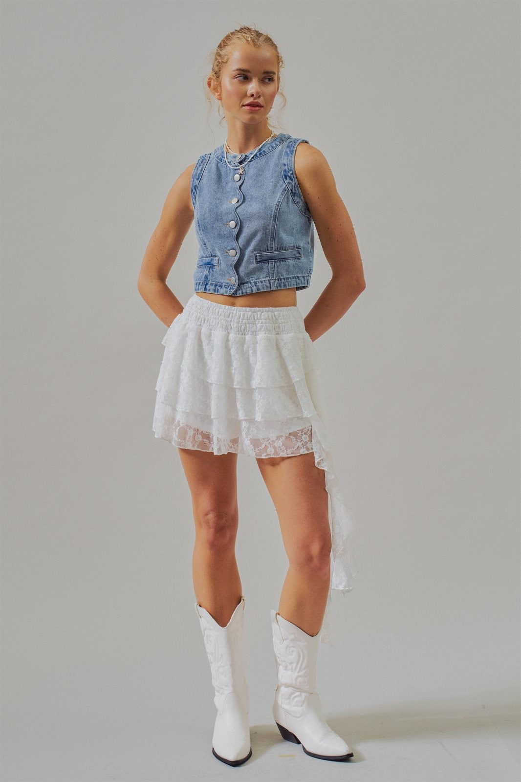 Cropped Vintage Wash Denim Vest with Scalloped Button Front in Denim - Women's Wholesale Fashion | Trend Notes