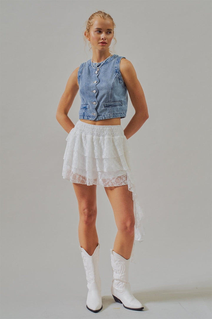 Cropped Vintage Wash Denim Vest with Scalloped Button Front in Denim - Women's Wholesale Fashion | Trend Notes