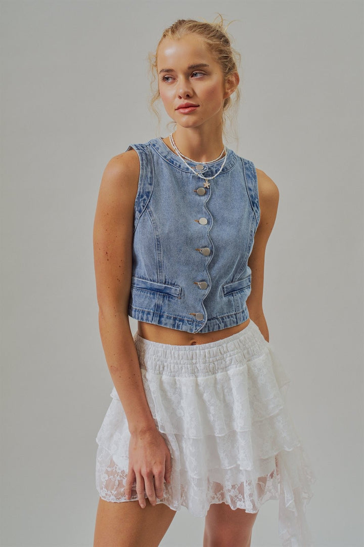 Cropped Vintage Wash Denim Vest with Scalloped Button Front in Denim - Women's Wholesale Fashion | Trend Notes