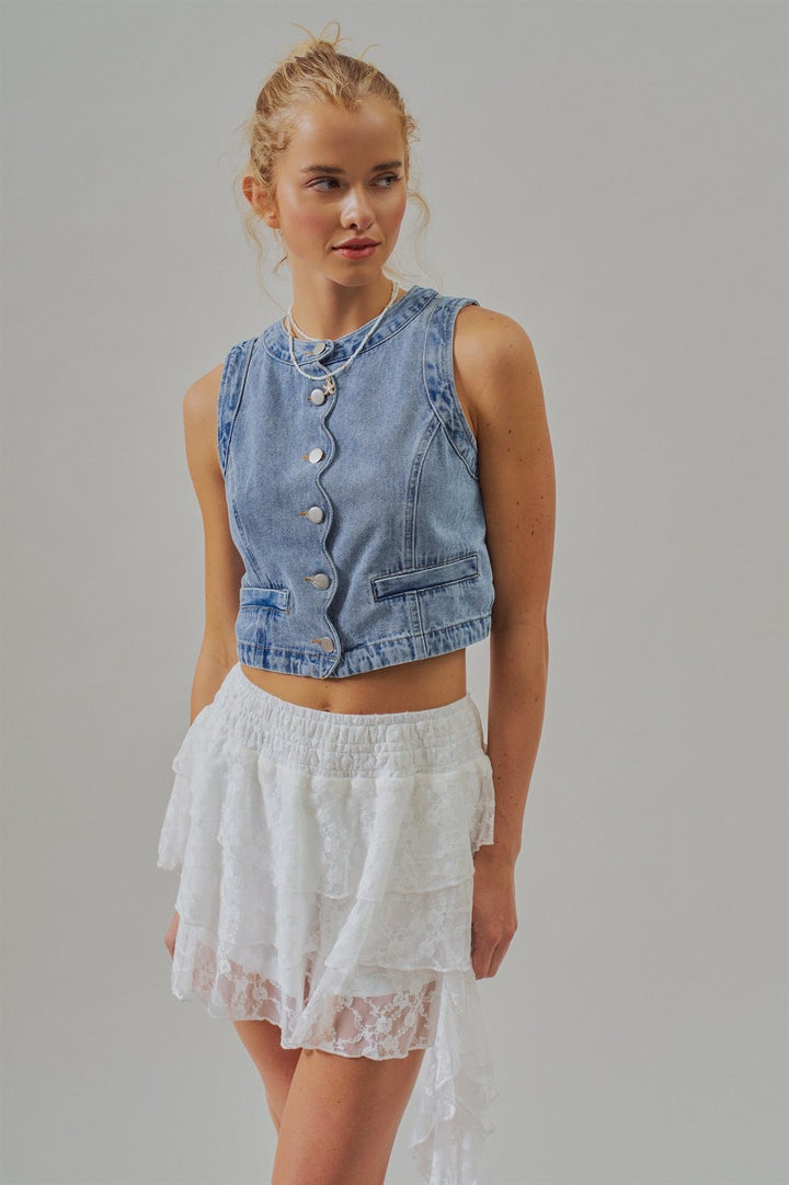 Cropped Vintage Wash Denim Vest with Scalloped Button Front in Denim - Women's Wholesale Fashion | Trend Notes