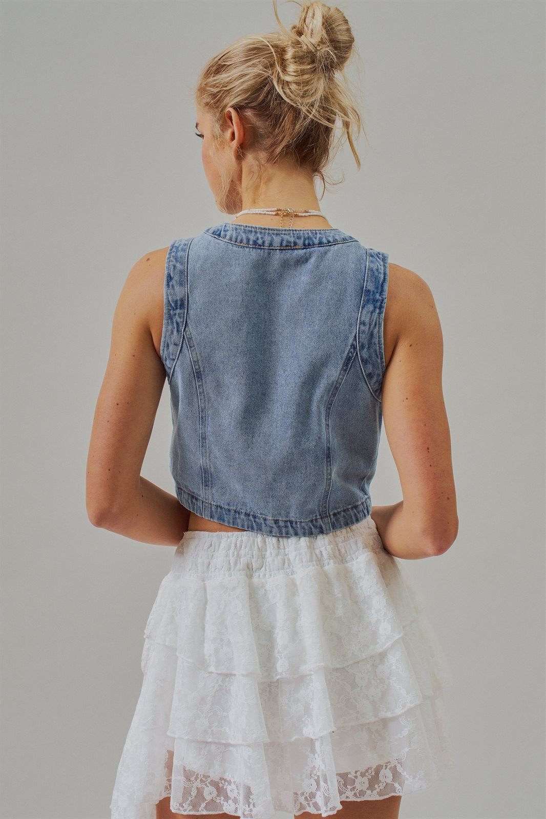 Cropped Vintage Wash Denim Vest with Scalloped Button Front in Denim - Women's Wholesale Fashion | Trend Notes