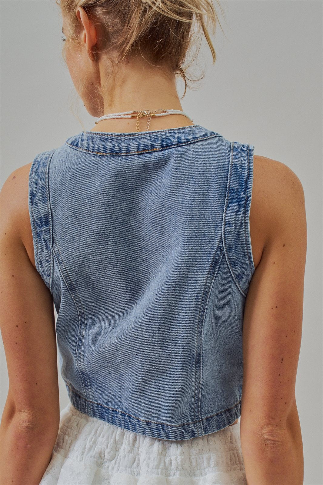 Cropped Vintage Wash Denim Vest with Scalloped Button Front in Denim - Women's Wholesale Fashion | Trend Notes