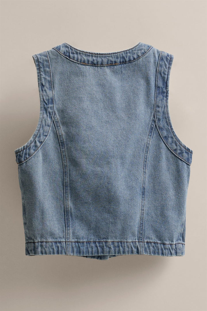 Cropped Vintage Wash Denim Vest with Scalloped Button Front in Denim - Women's Wholesale Fashion | Trend Notes