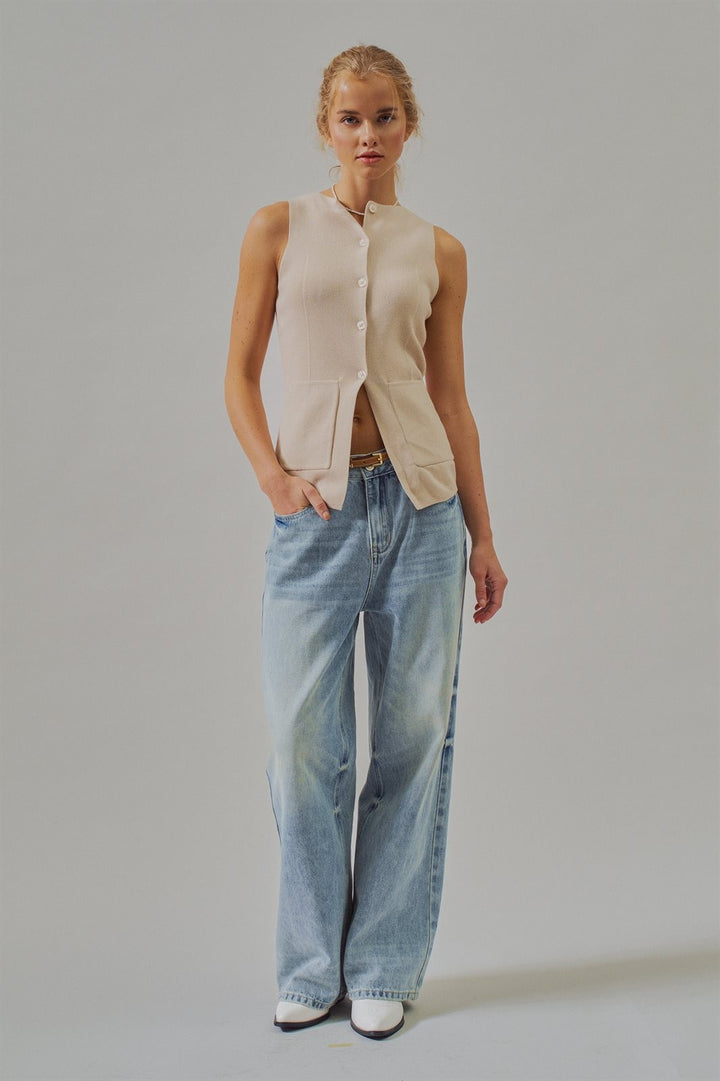 Ribbed Knit Button-Front Sleeveless Vest in Khaki - Women's Wholesale Fashion | Trend Notes