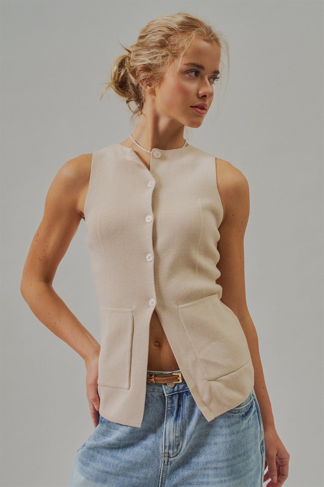 Ribbed Knit Button-Front Sleeveless Vest in Khaki - Women's Wholesale Fashion | Trend Notes