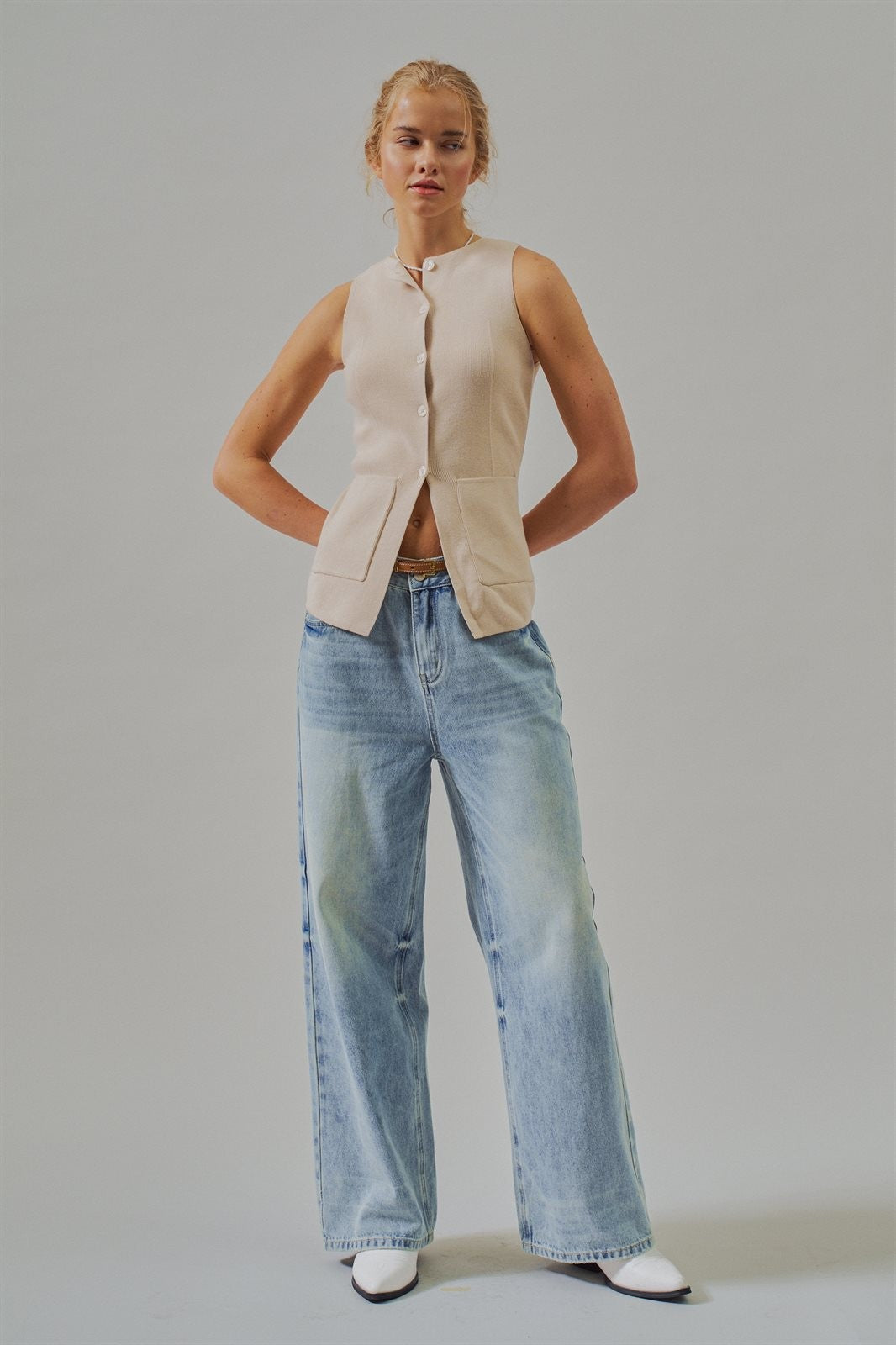 Ribbed Knit Button-Front Sleeveless Vest in Khaki - Women's Wholesale Fashion | Trend Notes