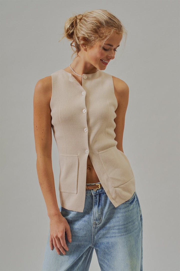 Ribbed Knit Button-Front Sleeveless Vest in Khaki - Women's Wholesale Fashion | Trend Notes