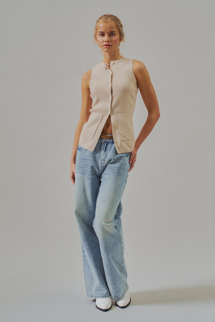 Ribbed Knit Button-Front Sleeveless Vest in Khaki - Women's Wholesale Fashion | Trend Notes