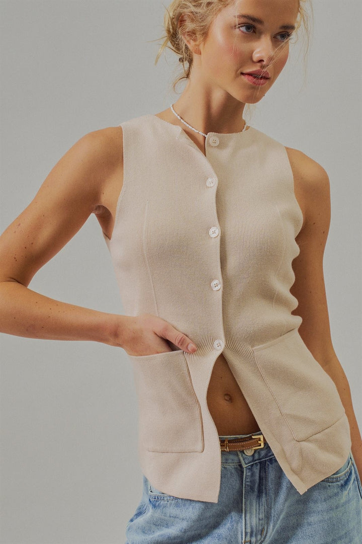 Ribbed Knit Button-Front Sleeveless Vest in Khaki - Women's Wholesale Fashion | Trend Notes