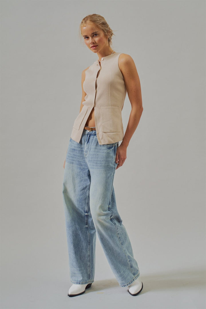 Ribbed Knit Button-Front Sleeveless Vest in Khaki - Women's Wholesale Fashion | Trend Notes