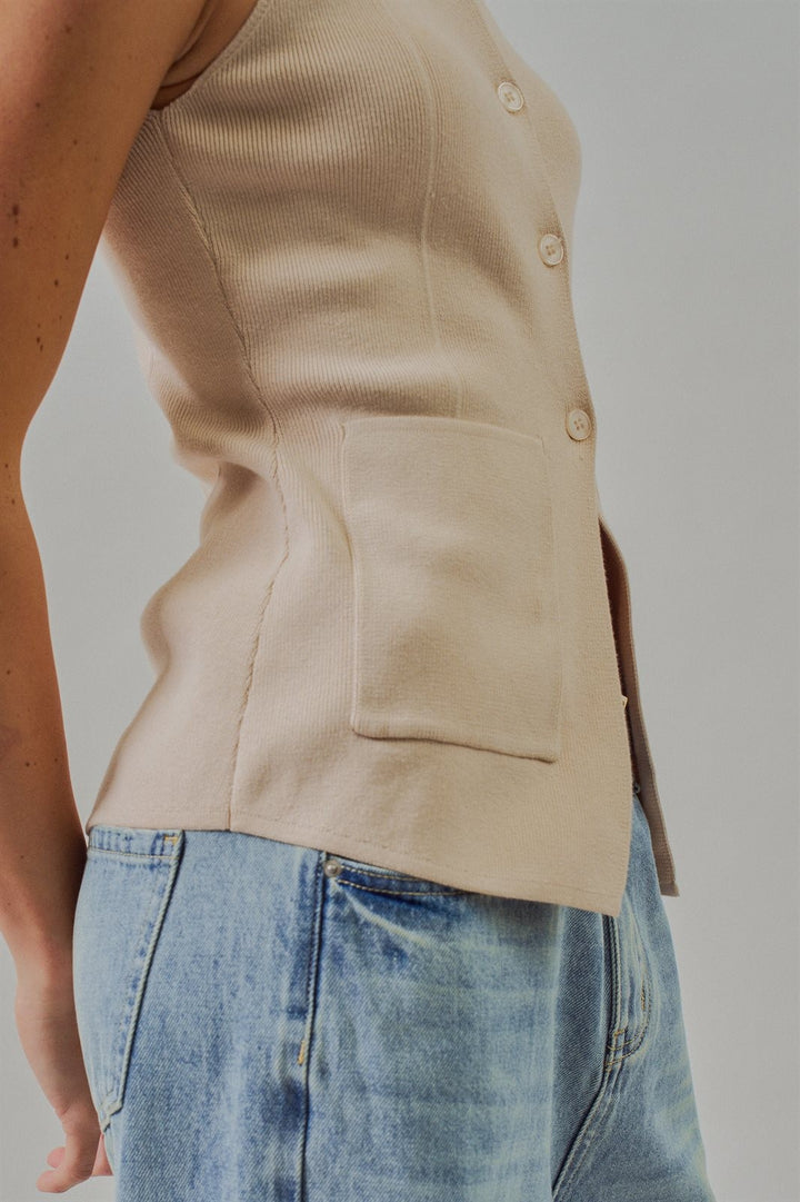 Ribbed Knit Button-Front Sleeveless Vest in Khaki - Women's Wholesale Fashion | Trend Notes
