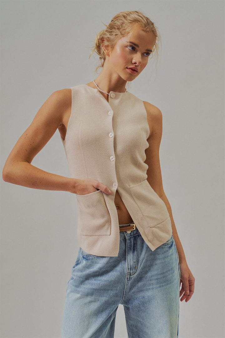 Ribbed Knit Button-Front Sleeveless Vest in Khaki - Women's Wholesale Fashion | Trend Notes