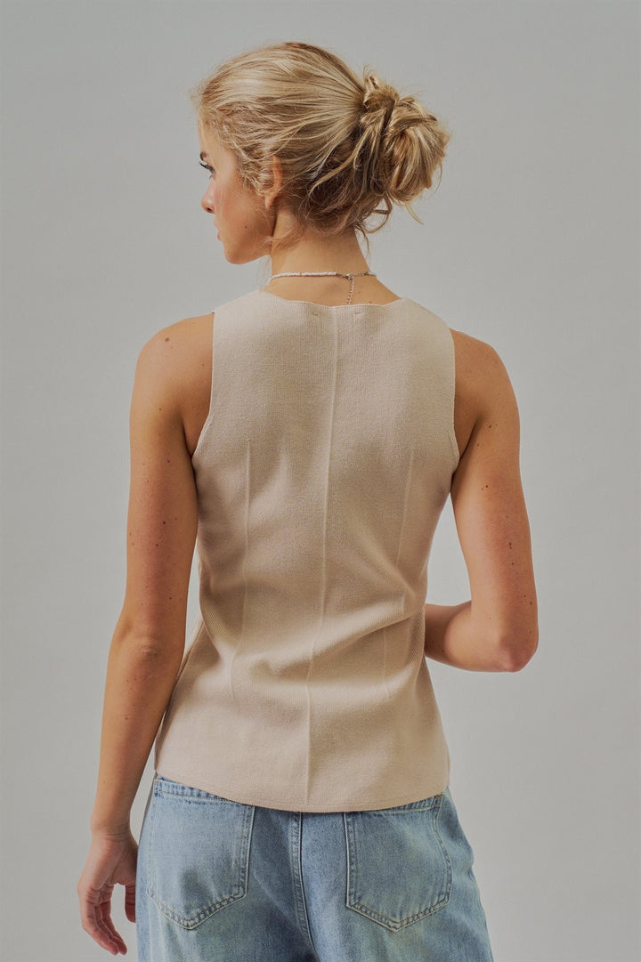 Ribbed Knit Button-Front Sleeveless Vest in Khaki - Women's Wholesale Fashion | Trend Notes