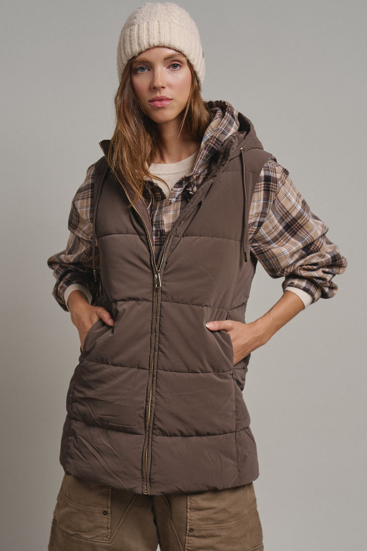 Cold Front Hooded Puffer Vest in Mocha - Women's Wholesale Vests | Trend Notes