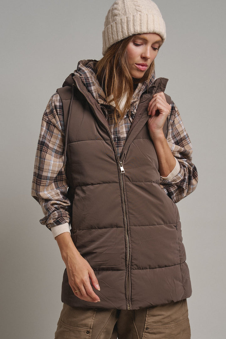 Cold Front Hooded Puffer Vest in Mocha - Women's Wholesale Vests | Trend Notes