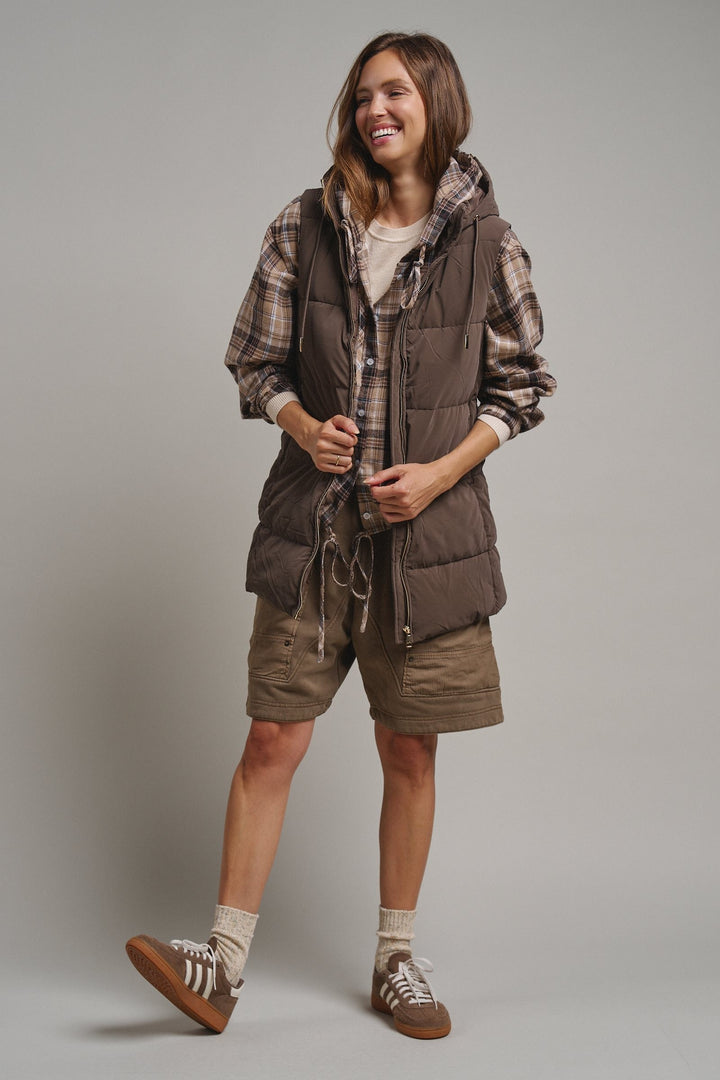 Cold Front Hooded Puffer Vest in Mocha - Women's Wholesale Vests | Trend Notes