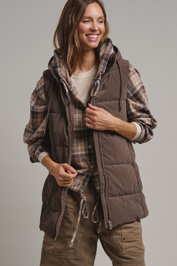 Cold Front Hooded Puffer Vest in Mocha - Women's Wholesale Vests | Trend Notes