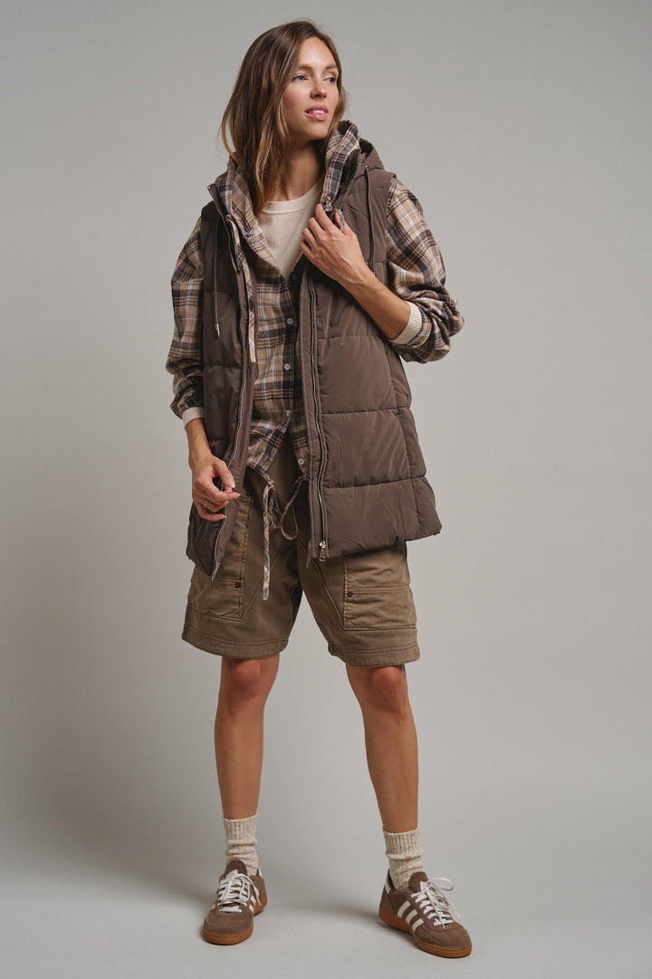 Cold Front Hooded Puffer Vest in Mocha - Women's Wholesale Vests | Trend Notes