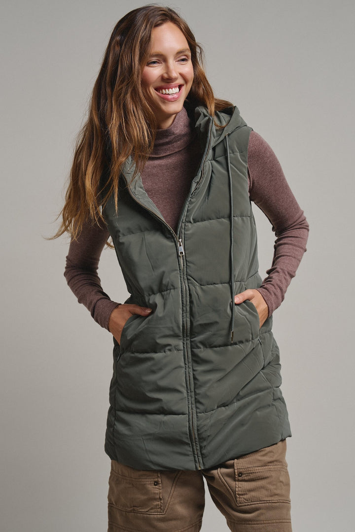Cold Front Hooded Puffer Vest in Olive Stone - Women's Wholesale Vests | Trend Notes