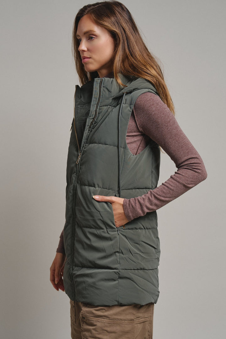Cold Front Hooded Puffer Vest in Olive Stone - Women's Wholesale Vests | Trend Notes
