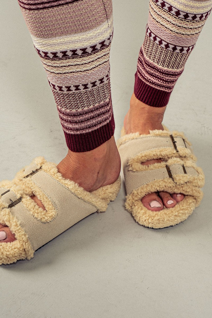 Furry and Comfy Open Toe Sandal Slipper in Khaki - Women's Wholesale Slippers | Trend Notes
