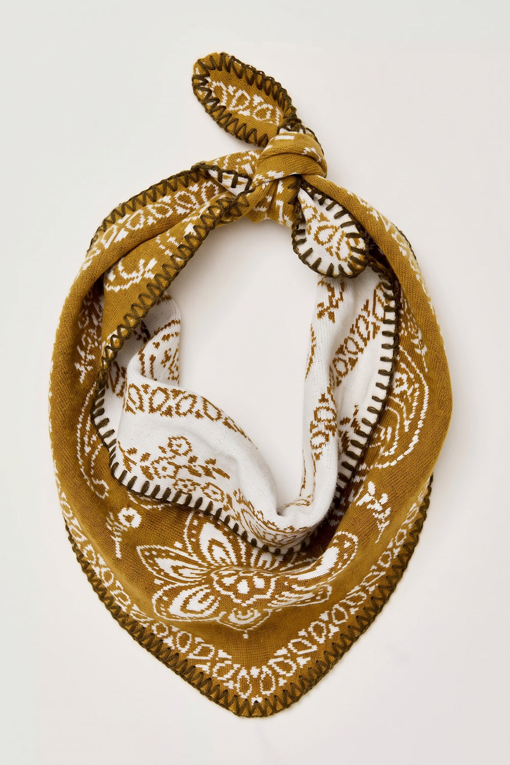 Heirloom Paisley Knitted Triangle Bandana Scarf in Mustard - Women's Wholesale Square Scarves | Trend Notes