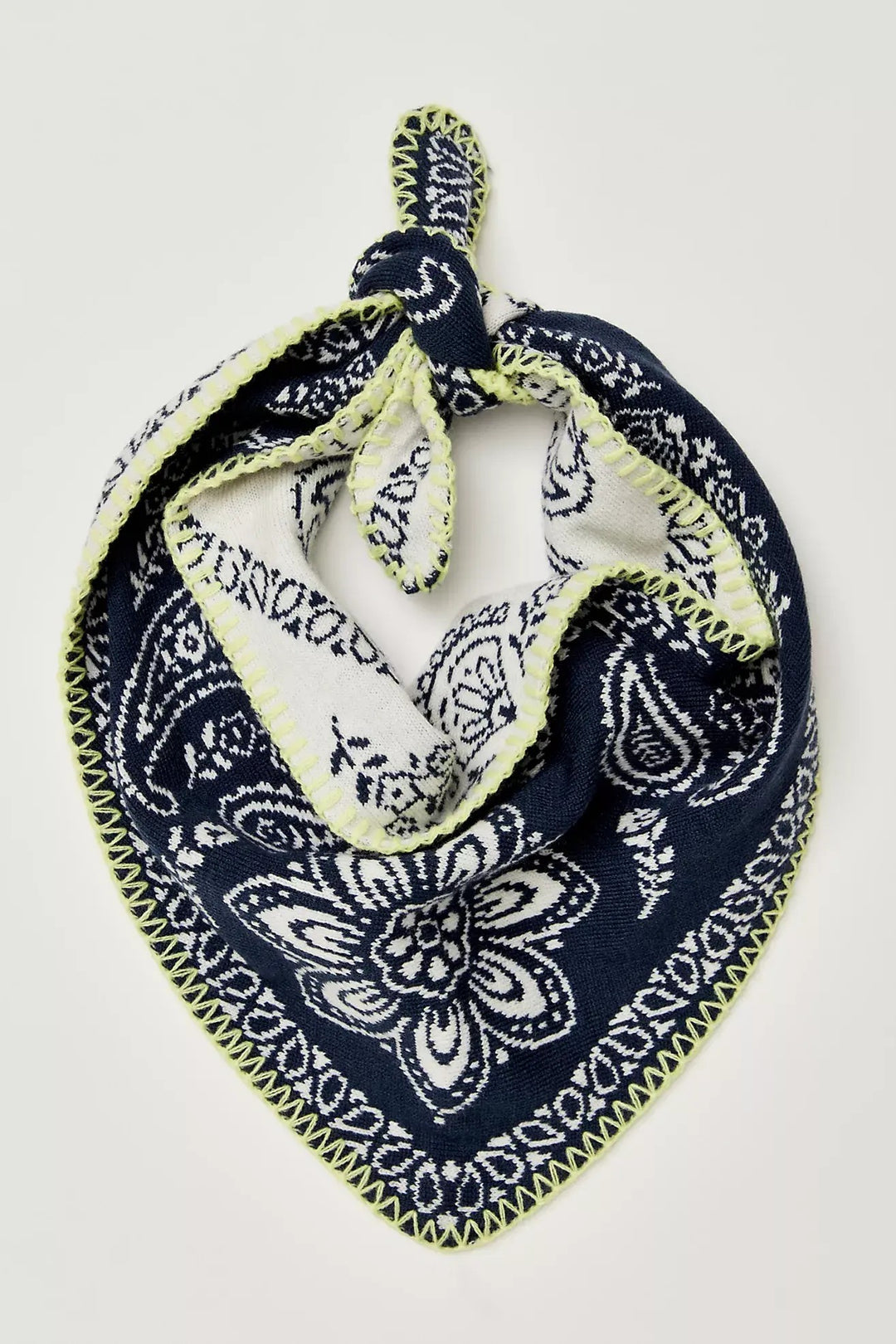 Heirloom Paisley Knitted Triangle Bandana Scarf in Navy - Women's Wholesale Square Scarves | Trend Notes