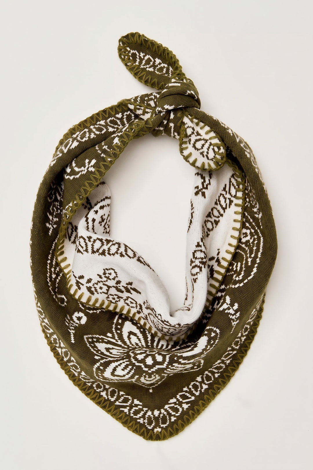 Heirloom Paisley Knitted Triangle Bandana Scarf in Olive - Women's Wholesale Square Scarves | Trend Notes