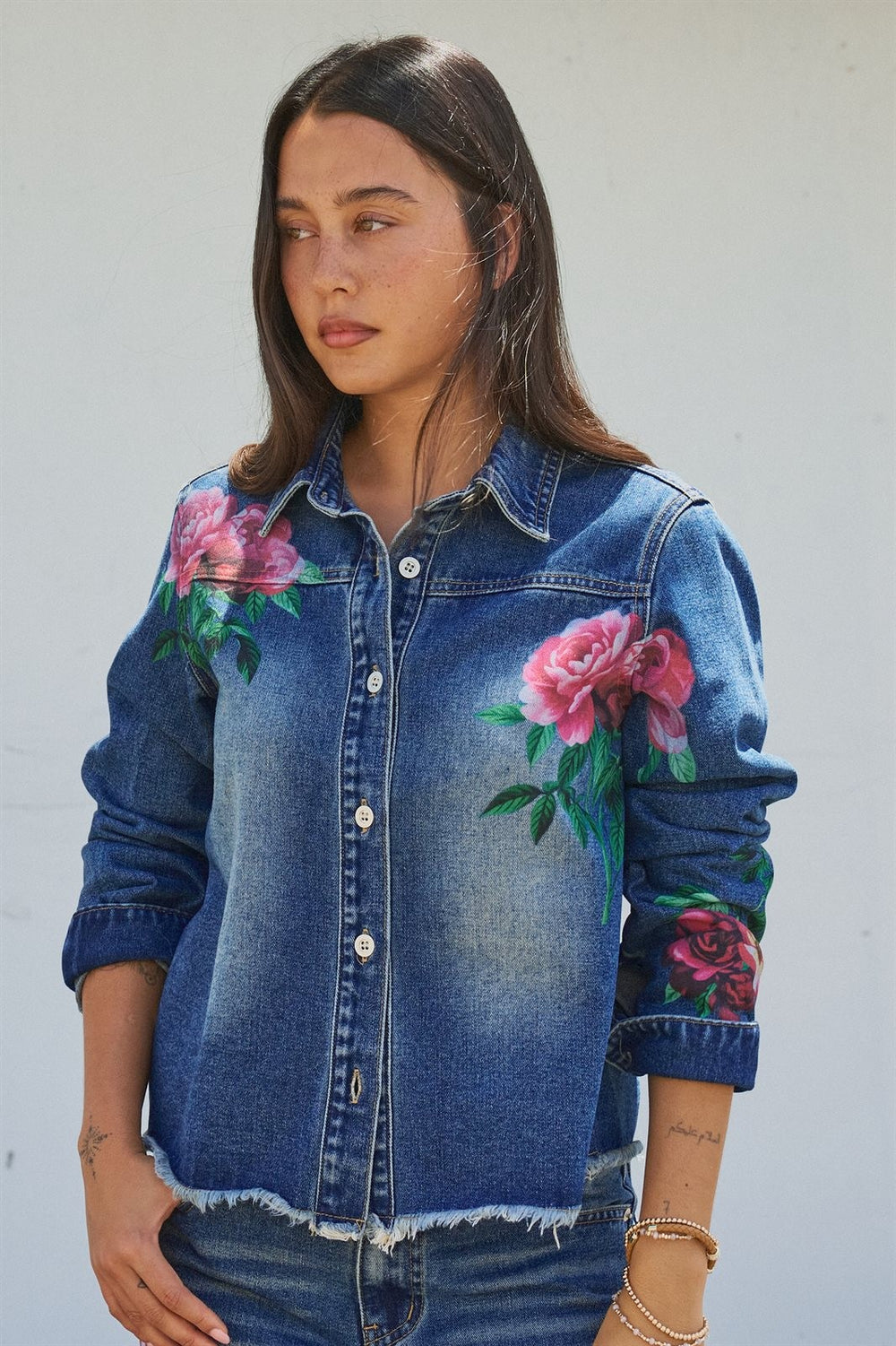 Coastal Cowgirl Floral Rose Print Denim Jacket in Denim - Women's Wholesale Jackets & Blazers | Trend Notes