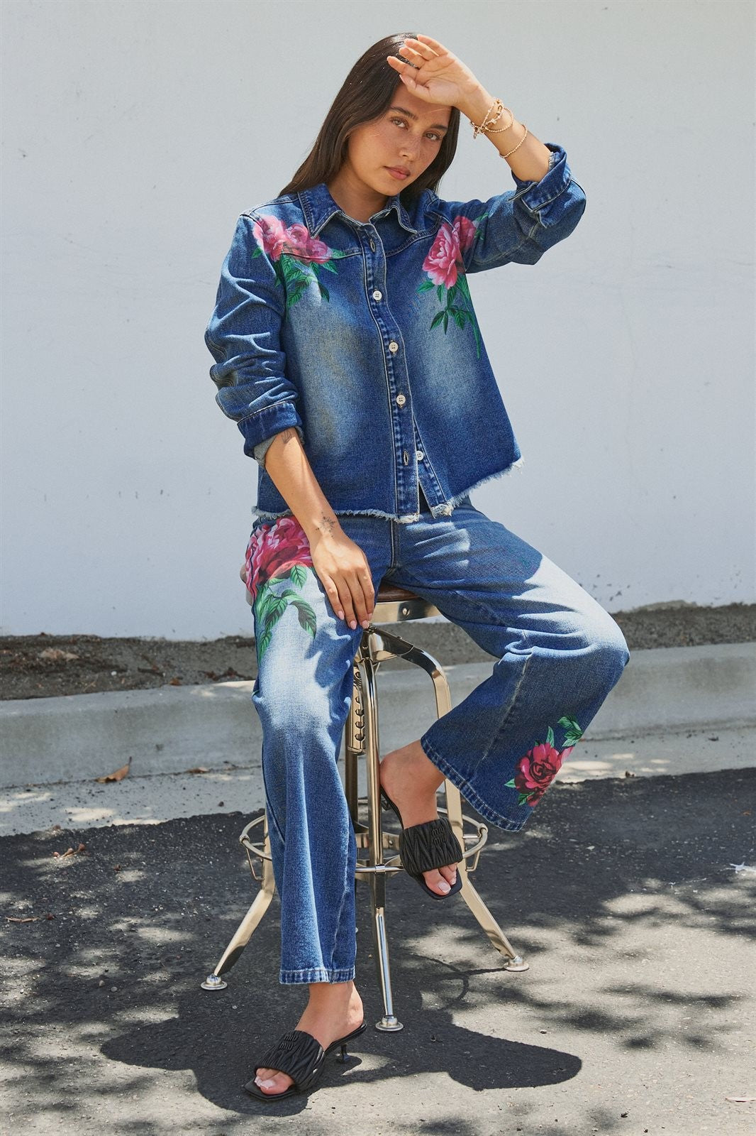Coastal Cowgirl Floral Rose Print Denim Jacket in Denim - Women's Wholesale Jackets & Blazers | Trend Notes