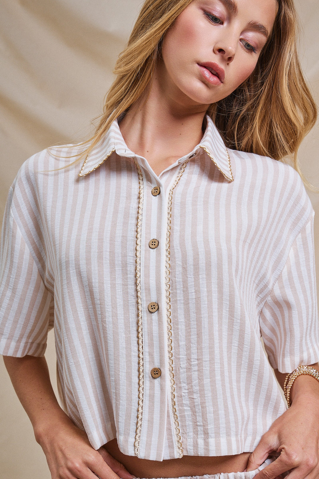 Soft Scalloped Trim Stripe Crop Shirt in Cream - Women's Wholesale Blankets | Trend Notes