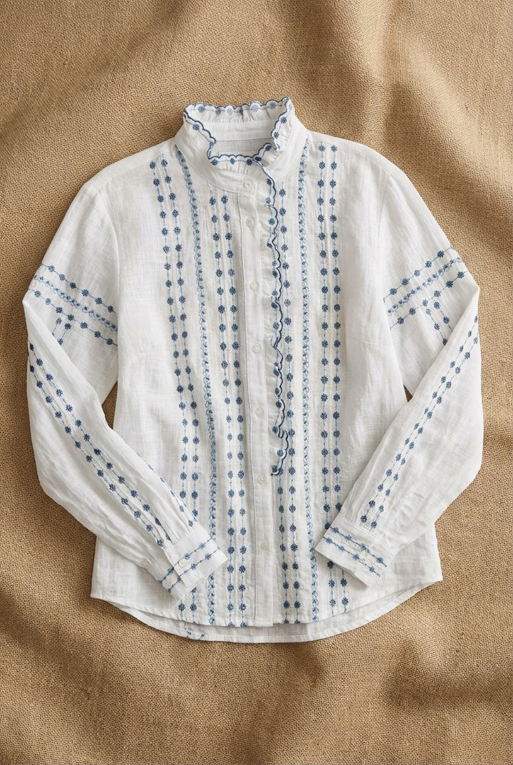 Delicate Vintage Stitch Embroidered Blouse in Ivory Blue - Women's Wholesale Blankets | Trend Notes