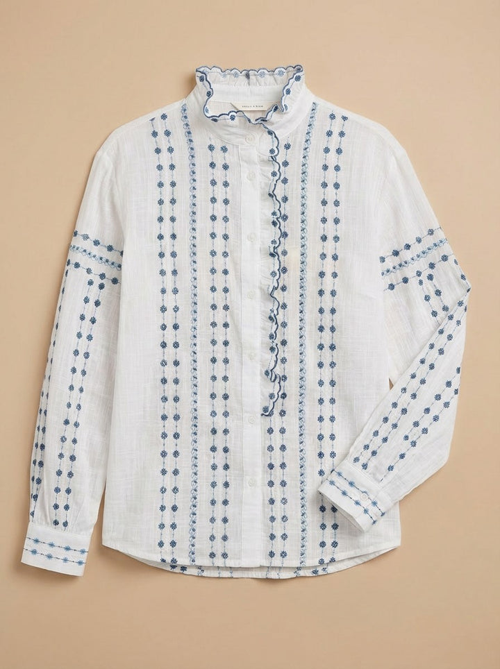 Delicate Vintage Stitch Embroidered Blouse in Ivory Blue - Women's Wholesale Blankets | Trend Notes