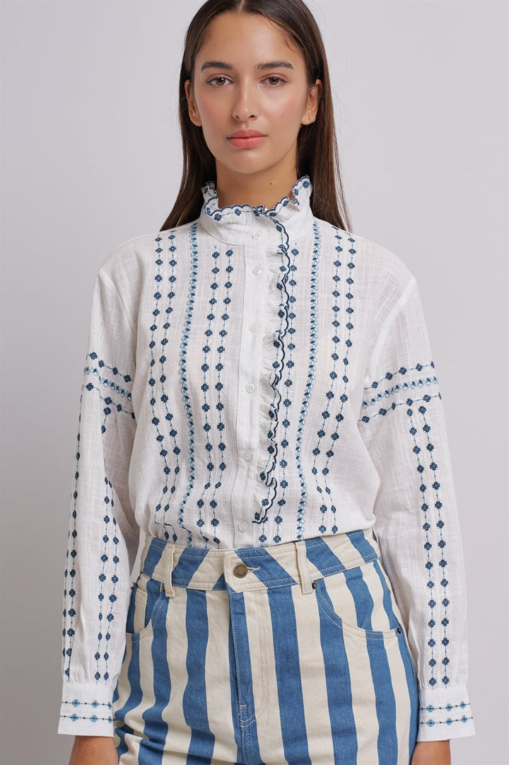 Delicate Vintage Stitch Embroidered Blouse in Ivory Blue - Women's Wholesale Blankets | Trend Notes