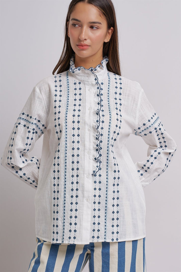Delicate Vintage Stitch Embroidered Blouse in Ivory Blue - Women's Wholesale Blankets | Trend Notes