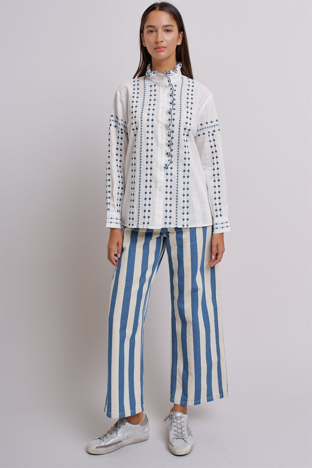Delicate Vintage Stitch Embroidered Blouse in Ivory Blue - Women's Wholesale Blankets | Trend Notes