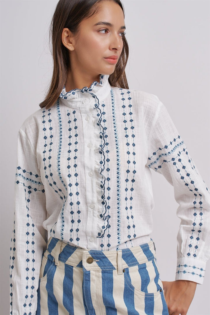 Delicate Vintage Stitch Embroidered Blouse in Ivory Blue - Women's Wholesale Blankets | Trend Notes