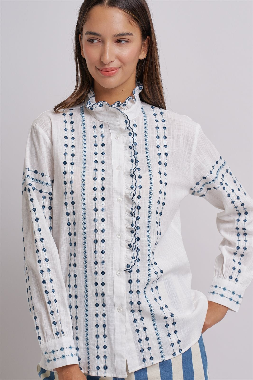 Delicate Vintage Stitch Embroidered Blouse in Ivory Blue - Women's Wholesale Blankets | Trend Notes