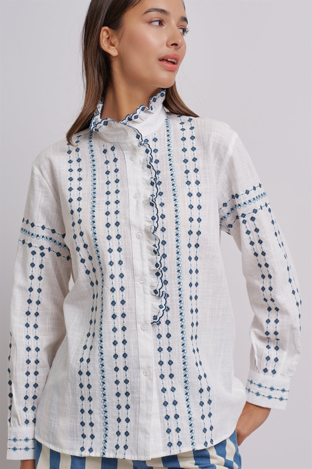 Delicate Vintage Stitch Embroidered Blouse in Ivory Blue - Women's Wholesale Blankets | Trend Notes