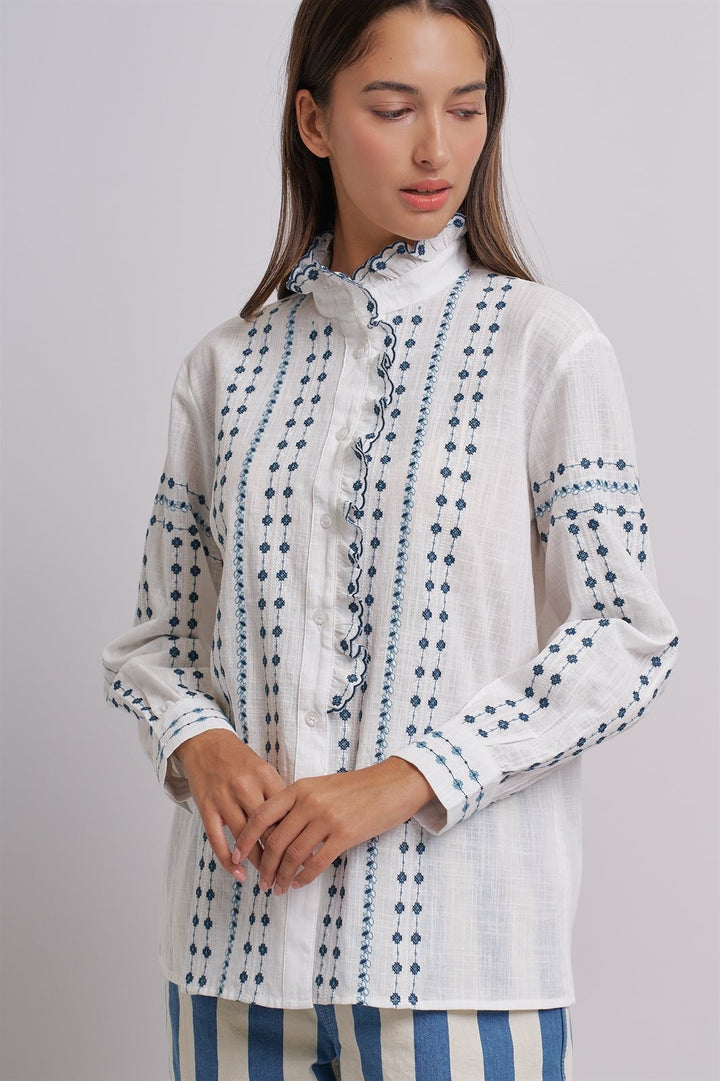 Delicate Vintage Stitch Embroidered Blouse in Ivory Blue - Women's Wholesale Blankets | Trend Notes