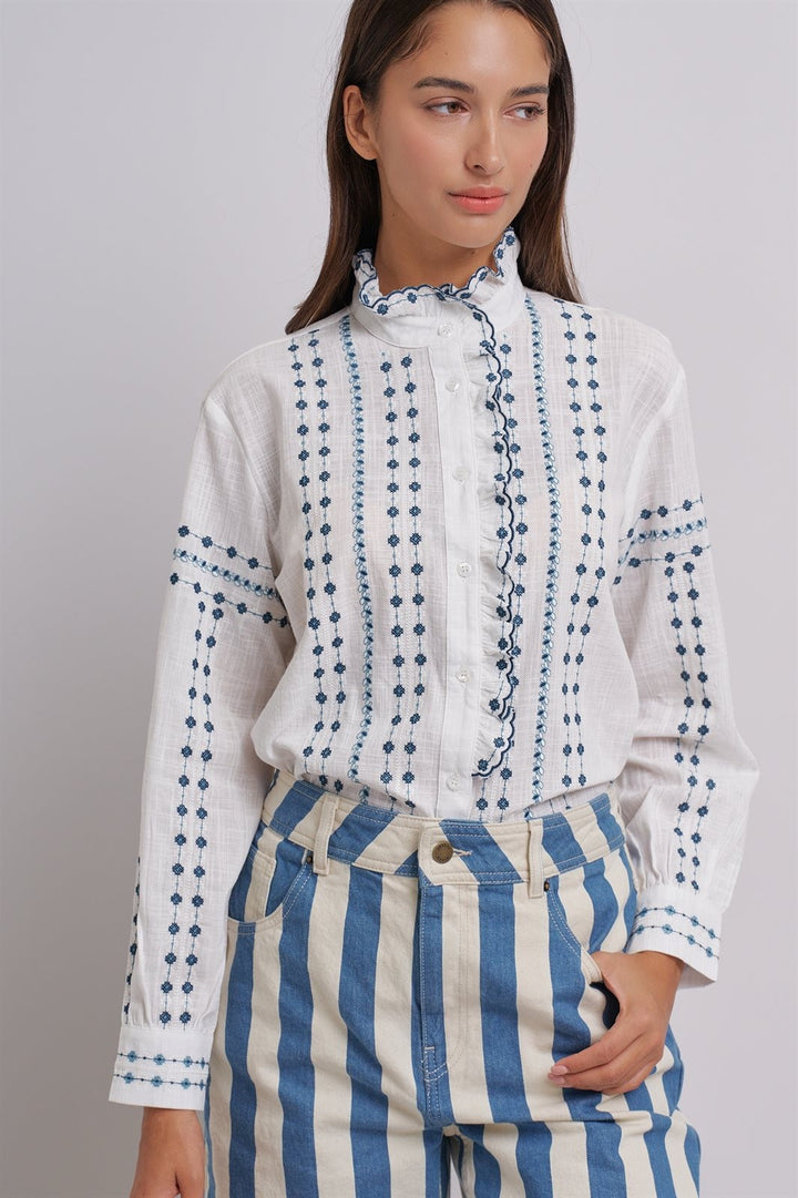 Delicate Vintage Stitch Embroidered Blouse in Ivory Blue - Women's Wholesale Blankets | Trend Notes