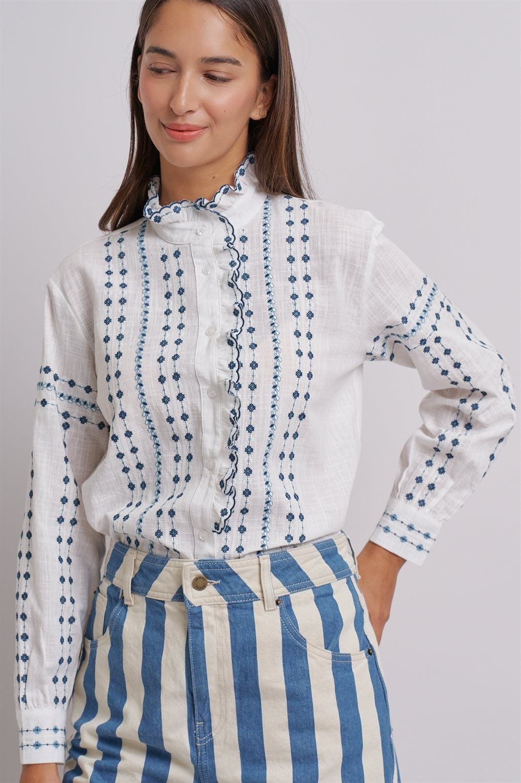 Delicate Vintage Stitch Embroidered Blouse in Ivory Blue - Women's Wholesale Blankets | Trend Notes